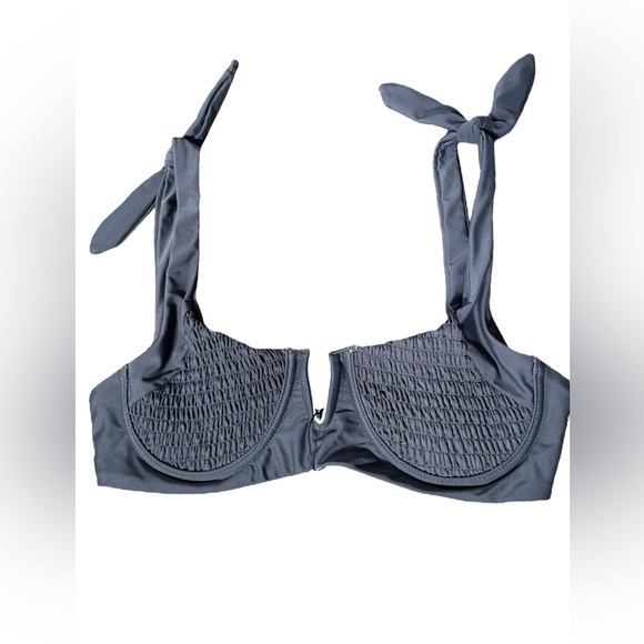 NEW Zaful Gray Smocked Shirred Bowknot Underwire V Cut Two Piece Bikini Set - Picture 4 of 11